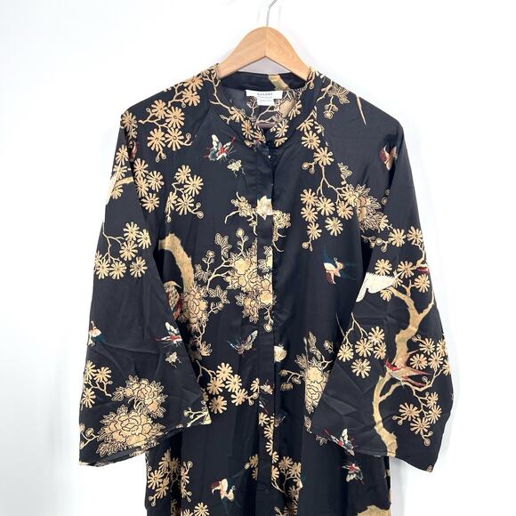 NATORI Private Luxuries Floral Bird Print Silky Zip Front Kimono Robe Medium - Picture 2 of 8